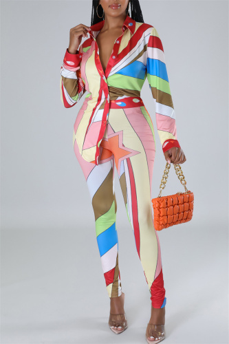 Pink Casual Print Patchwork Turndown Collar Long Sleeve Two Pieces