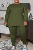 Green Casual Solid Patchwork O Neck Plus Size Two Pieces