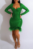 Green Sexy Patchwork Sequins Feathers Square Collar Long Sleeve Dresses