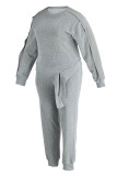 Grey Casual Solid Patchwork Asymmetrical V Neck Plus Size Two Pieces