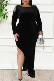 Blue Sexy Casual Solid Patchwork Metal Accessories Decoration Backless Slit O Neck Long Sleeve Plus Size Dresses