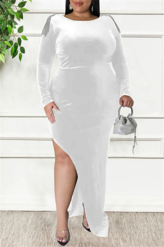 White Sexy Casual Solid Patchwork Metal Accessories Decoration Backless Slit O Neck Long Sleeve Plus Size Dresses