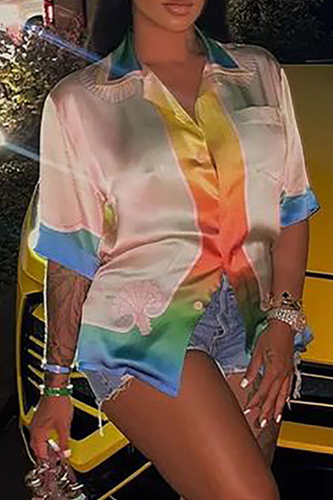 Multicolor Street Print Patchwork Turndown Collar Tops