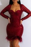 Burgundy Sexy Patchwork Sequins Feathers Square Collar Long Sleeve Dresses