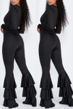 Black Sexy Fashion Solid Ruffled Long Sleeve V Neck 