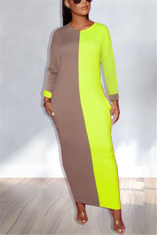 Multicolor Stylish Casual Solid Color Stitching Long Sleeve Dress