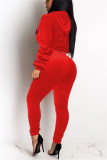 Red Fashion Sexy Solid Color Hooded Long Sleeve Two Piece Set