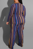 Blue Sexy O Neck Two Piece Suits Print Striped Stripe Plus Size Two Pieces