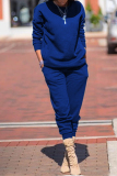Peacock blue Casual Solid Two Piece Suits Patchwork pencil Long Sleeve Two-piece Pants Set
