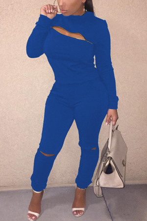 Blue venetian Casual Patchwork Two Piece Suits Zippered Solid Hole Straight Long Sleeve 