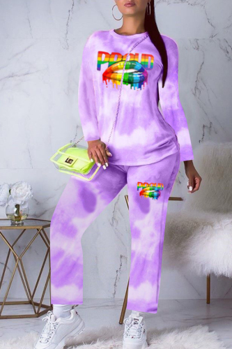 purple Active Print Straight Long Sleeve Two-piece Pants Set