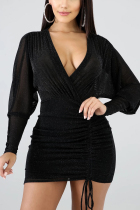 Black Sexy Deep V-Neck Perspective Solid Dress