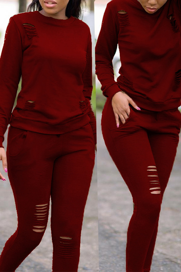 Wine Red Casual Long Sleeves Broken Holes Two-piece Pants Set