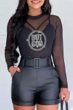 Black Sexy Casual Patchwork Hot Drilling See-through With Belt O Neck Long Sleeve Two Pieces