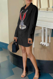 Black Fashion adult Casual Cap Sleeve Long Sleeves Mandarin Collar A-Line Mini Patchwork Embroid