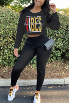 Black O Neck Long Sleeve Letter crop top Print Tees & T-shirts