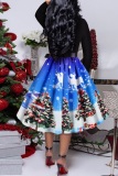 Blue Christmas Retro Print Party Swing Dress