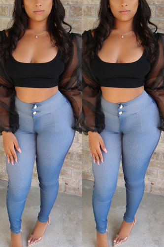Black Fashion Stitching Long Sleeve U-Neck Top