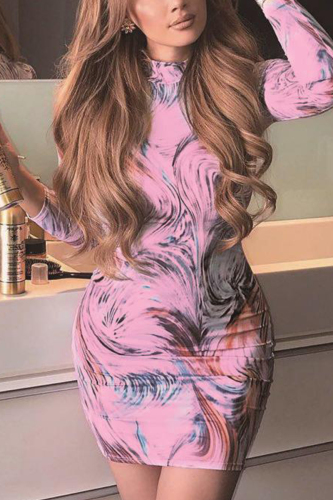 Pink Fashion Casual Multicolor Painting Print Dress