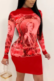 Red Sexy Fashion adult Cap Sleeve Long Sleeves O neck Step Skirt Knee-Length Patchwork Print