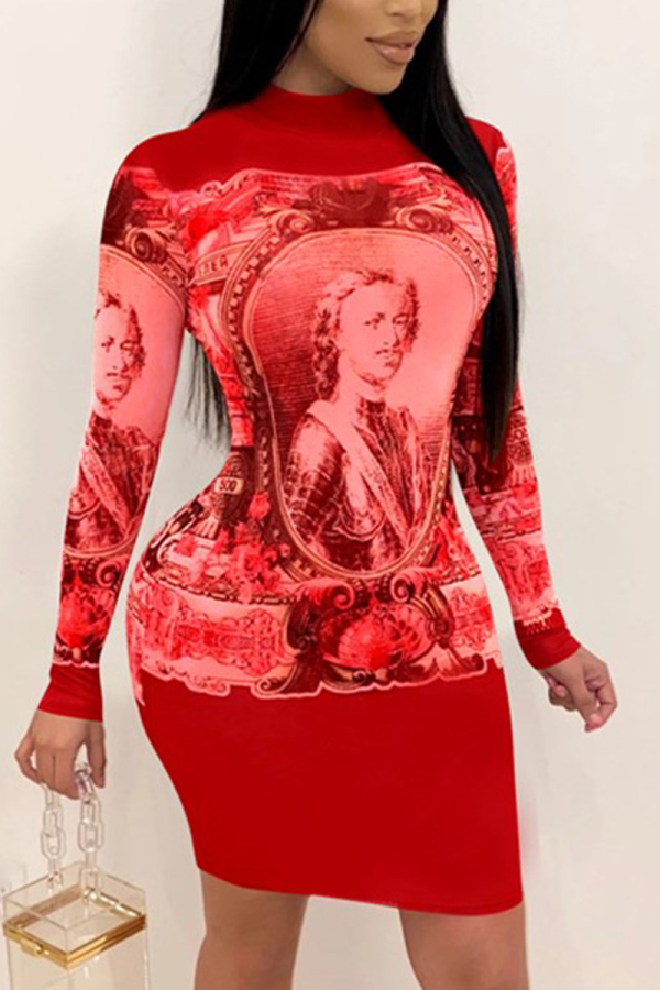 Red Sexy Fashion adult Cap Sleeve Long Sleeves O neck Step Skirt Knee-Length Patchwork Print