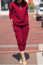 Wine Red Casual Solid Two Piece Suits Patchwork pencil Long Sleeve Two-piece Pants Set