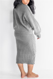 Grey Fashion Sexy Turtleneck Solid Color Long Sleeve Two-Piece Suit