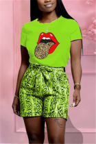 Green Fashion Casual Printed T-shirt Shorts Set