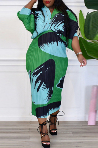 Green Casual Print Patchwork V Neck Pencil Skirt Plus Size Dresses