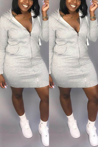 Grey Sexy Cap Sleeve Long Sleeves Hooded Step Skirt skirt Patchwork chain Solid Club Dresses