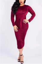 Wine Red adult Fashion Casual Cap Sleeve Long Sleeves O neck Step Skirt Mid-Calf bandage Patchwork