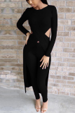 Black adult Sexy Fashion Solid asymmetrical Patchwork Two Piece Suits HOLLOWED OUT pencil Long S