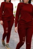 Wine Red Casual Long Sleeves Broken Holes Two-piece Pants Set
