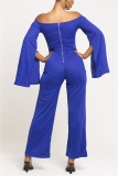 Blue Fashion Solid Color Long Sleeve Umbilical One-Shoulder Jumpsuit