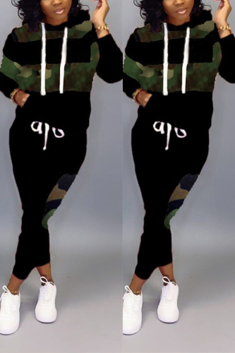 Camouflage Fashion Patchwork Hooded Long Sleeve Leopard Two-Piece Suit