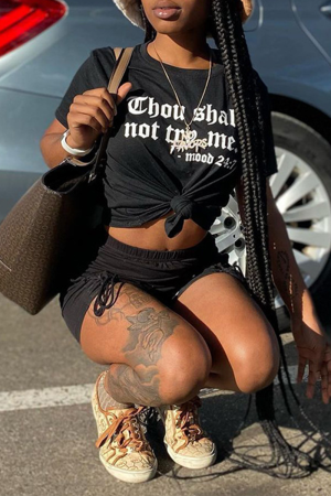 Black Casual Daily Print Patchwork Letter O Neck T-Shirts