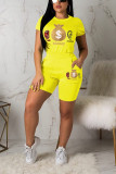 Yellow Leisure Sports Letter Print Two-piece