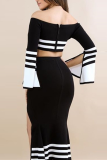 Black Sexy Off Shoulder Flare Sleeve Top Skirt Set