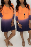 Orange Sexy Cap Sleeve Long Sleeves O neck Straight Knee-Length Print Long Sleeve Dresses