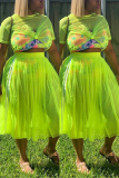 Fluorescent green Sexy Fashion asymmetrical Fluorescent crop top Solid Two Piece Suits Draped Pleated skirt