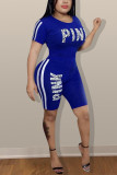 Blue Casual Sports Letter Printing Two-piece Set