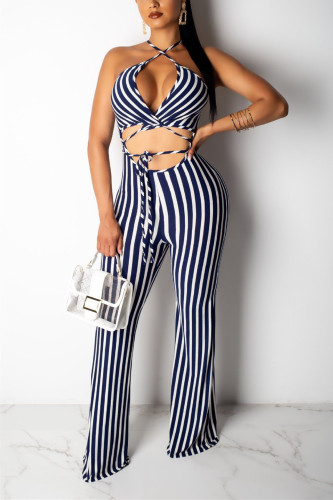 Blue Sexy Fashion Striped bandage Backless Hollow Sleeveless Slip Jumpsuits