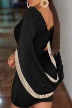Black Elegant Solid Patchwork Asymmetrical V Neck One Step Skirt Dresses