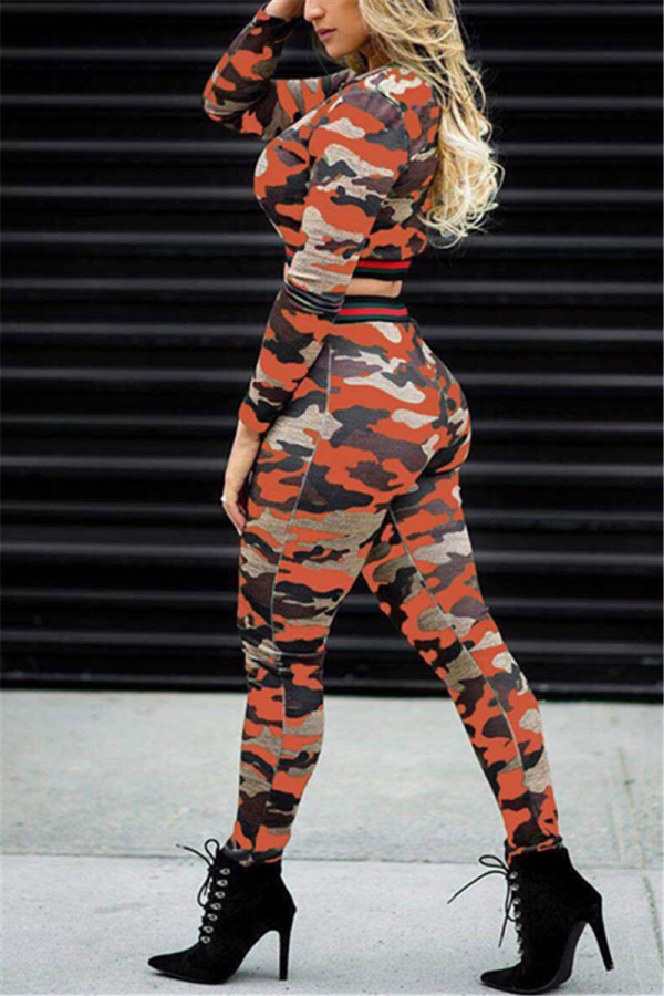 Orange Fashion Camouflage Stripe Long Sleeve Two-Piece Set