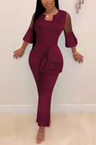 Wine Red Fashion V Neck Ruffled Lace Sleeves With Irregular Jumpsuit