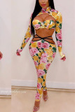 Yellow Sexy adult Fashion crop top Print Geometric asymmetrical Floral Skinny Two-piece Pants Se