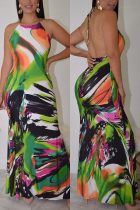Multicolor Fashion Sexy Print Halter Halter Dress