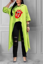 Fluorescent green hooded Long Sleeve Lips Print Print Tees & T-shirts
