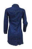 Blue Casual Long Sleeves Turndown Collar Hip skirt Mini Casual Dresses