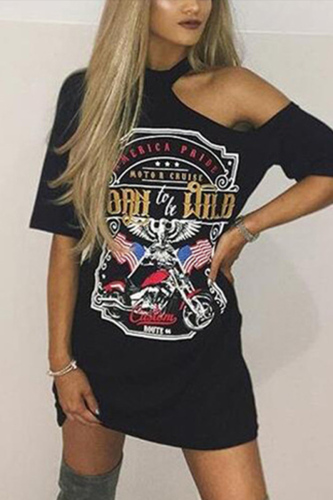 Black Sexy Off Shoulder Print T-Shirt Dress
